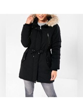 Vero Moda Agnes Parka Faux Fur Lined Hood Winter Coat Jacket in Black